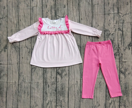 11.11 GLP2916 Sample No Moq Baby Girls Pink Stripe Love John 3:16 Tunic Leggings Valentine Clothes Sets