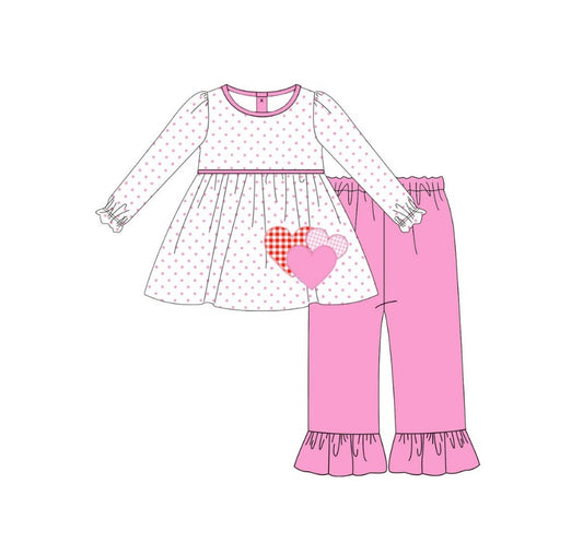 9.25 GLP2919 Pre order No Moq Baby Girls Polka Dots Hearts Tunic Ruffle Pants Valentine Clothes Sets