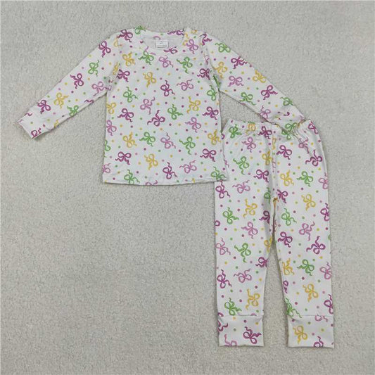 11.27 RTS NO MOQ （In stock）GLP2920 Baby Girls Mardigras Bows Polka Dots Top Pants Pajamas Sets