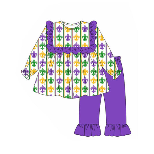 9.26 GLP2922 Pre order No Moq Baby Girls Mardigras Anchors Stripe Tunic Ruffle Pants Clothes Sets