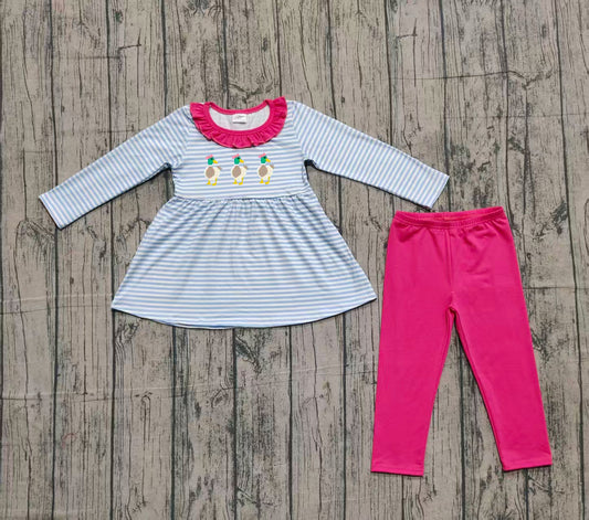 10.11 GLP2923 Sample No Moq Embroidery Ducks Baby Girls Stripe Tunic Legging Pants Clothes Sets