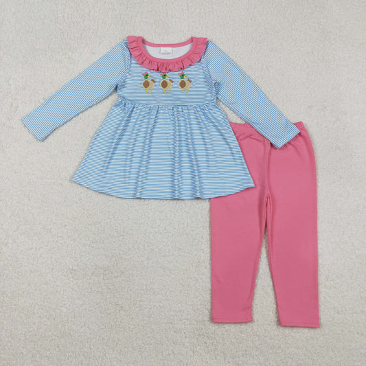 11.11 RTS NO MOQ （In stock）GLP2923 Embroidery Bows Ducks Baby Girls Stripe Tunic Legging Pants Clothes Sets