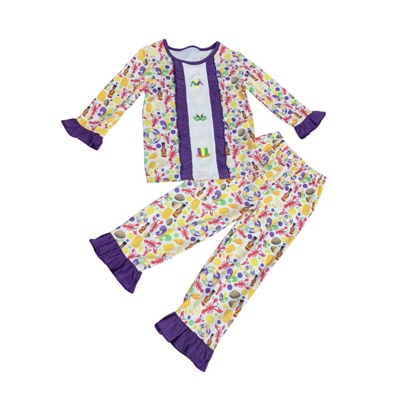 9.29 GLP2924 Pre order No Moq Baby Girls Mardigras Anchors Crayfishes Top Ruffle Pants Pajamas Sets