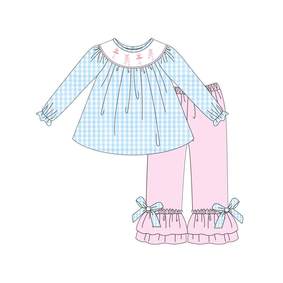 9.29 GLP2925 Pre order No Moq Baby Girls Blue Checked Dancers Tunic Pink Ruffle Pants Clothes Sets