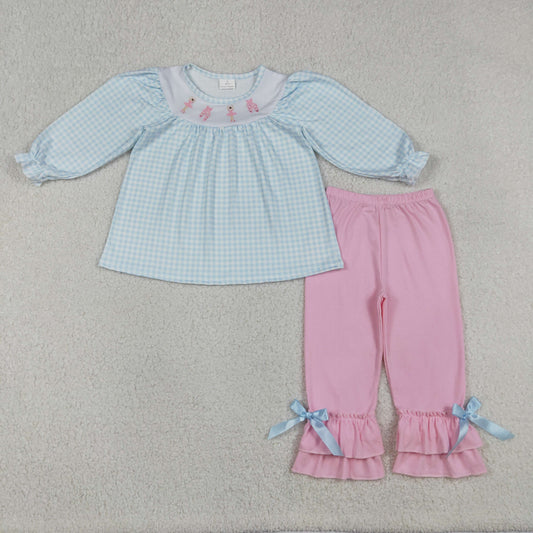 12.19 RTS NO MOQ （In stock）GLP2925 Embroidery Dancer Shoes Baby Girls Checked Tunic Ruffle Pants Clothes Sets