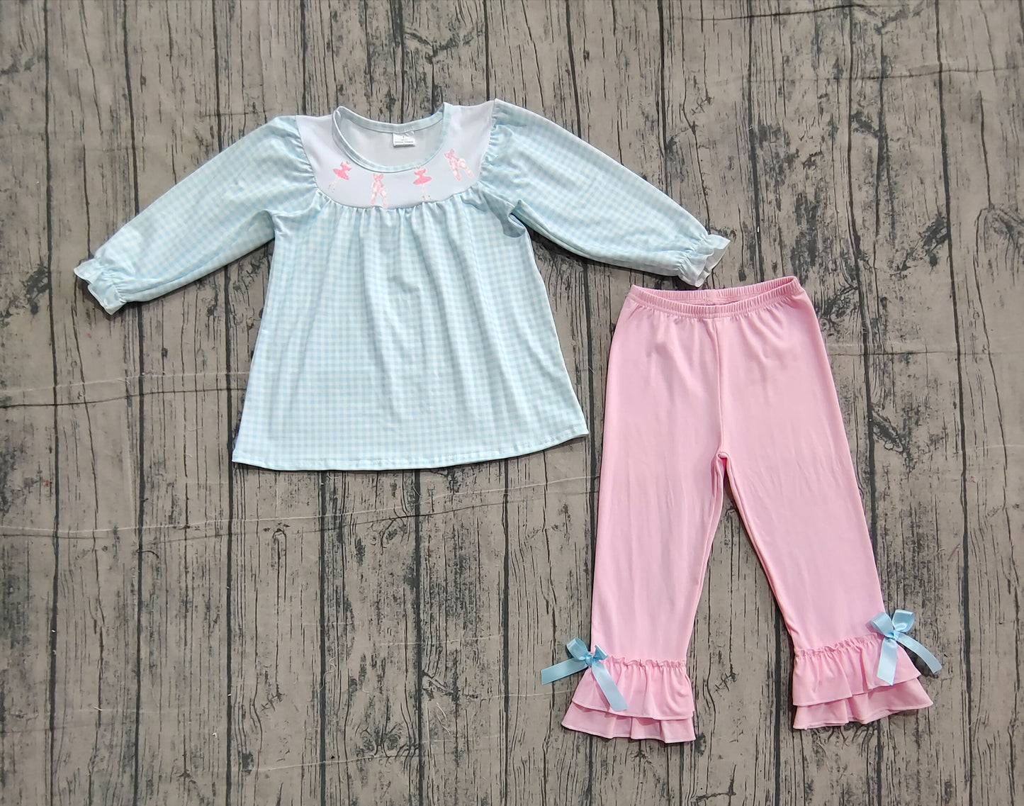 11.11 GLP2925 Sample No Moq Baby Girls Blue Checked Dancers Tunic Pink Ruffle Pants Clothes Sets