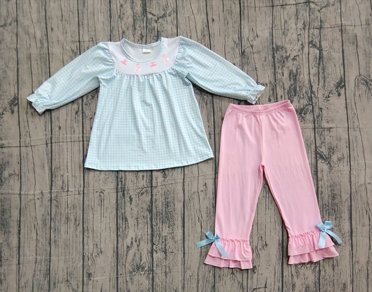 11.11 GLP2925 Sample No Moq Baby Girls Blue Checked Dancers Tunic Pink Ruffle Pants Clothes Sets