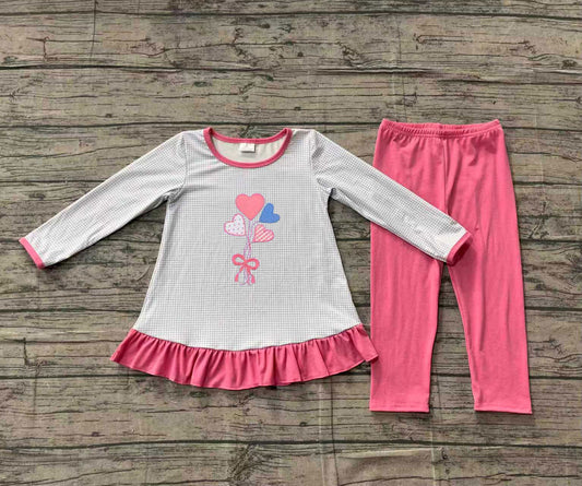 11.10 GLP2929 Sample No Moq Embroidery Bows Hearts Baby Girls Ruffle Tunic Leggings Valentine Clothes Sets