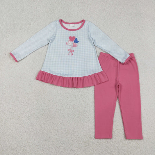 12.18 RTS NO MOQ （In stock）GLP2929 Embroidery Bows Hearts Baby Girls Stripe Ruffle Tunic Leggings Valentines Clothes Sets