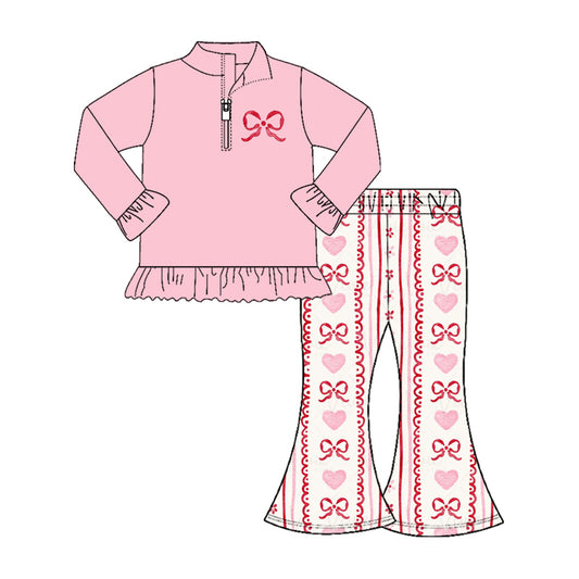 9.30 GLP2934 Pre order No Moq Baby Girls Pink Bows Zipper Pullovers Stripe Bell Bottom Pants Valentine Clothes Set