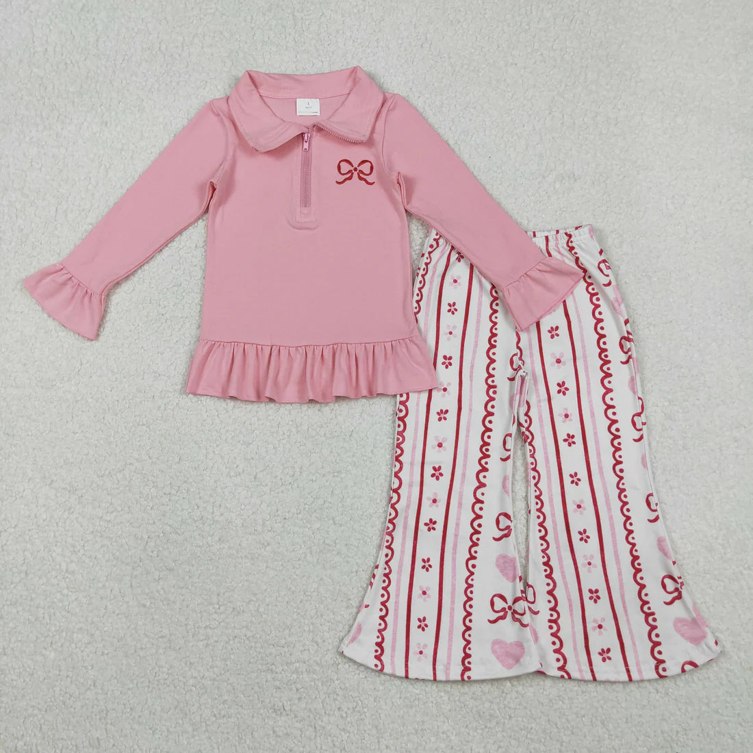 11.20 RTS Sibling Baby Girls Embroidery Hearts Bows Zip Pullovers Flare Pants Valentines Clothes Sets