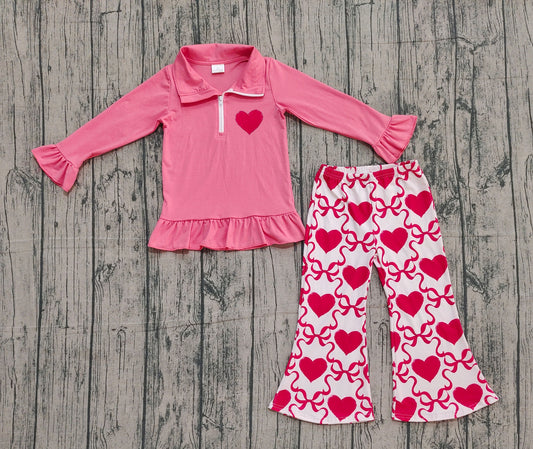10.13 GLP2935 Sample No Moq Embroidery Heart Baby Girls Pink Zipper Pullovers Bell Bottom Pants Valentine Clothes Set