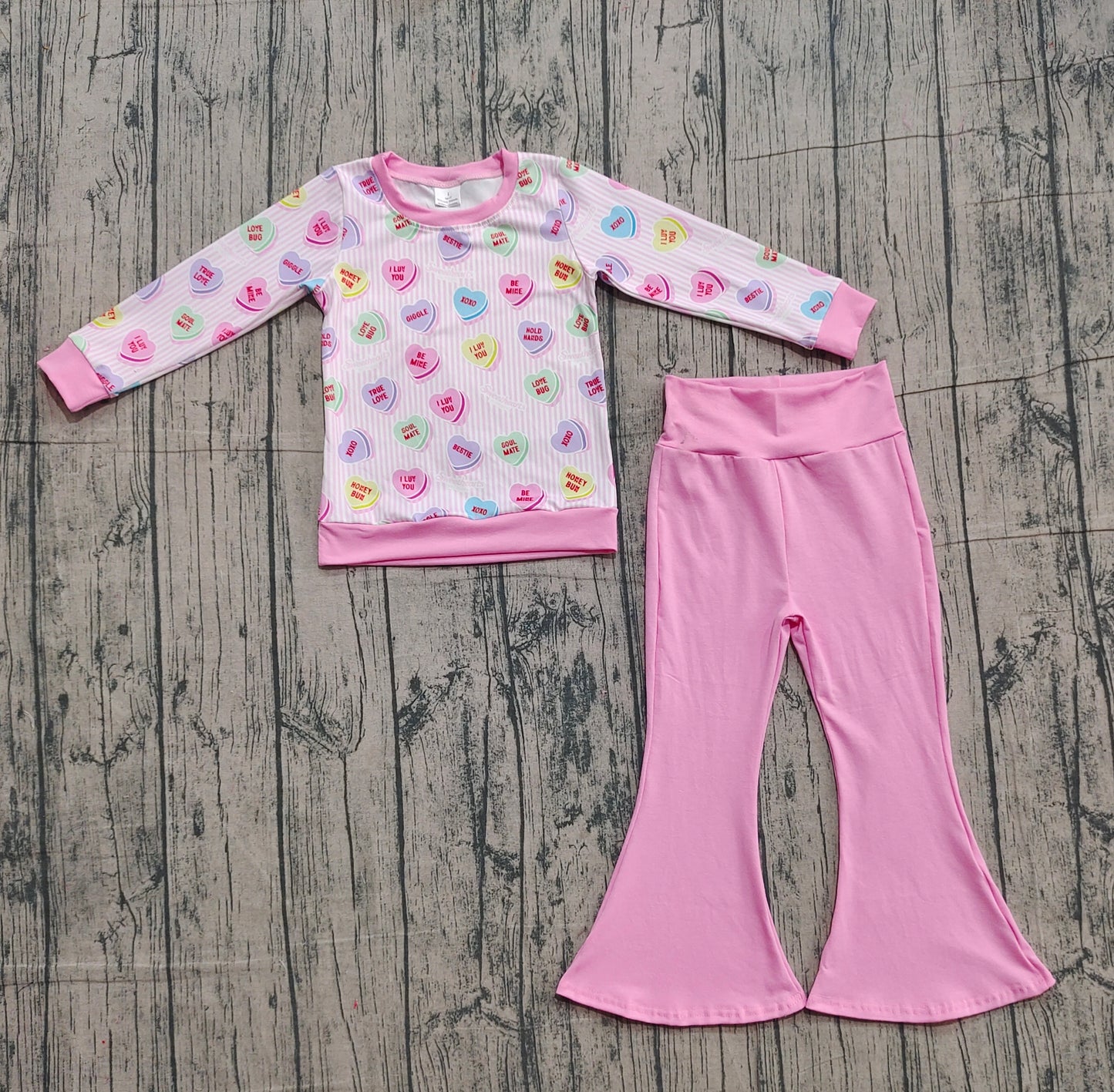 10.29 GLP2938 Sample No Moq Baby Girls Pink Stripe Colorful Hearts Top Bell Bottom Pants Valentine Clothes Sets