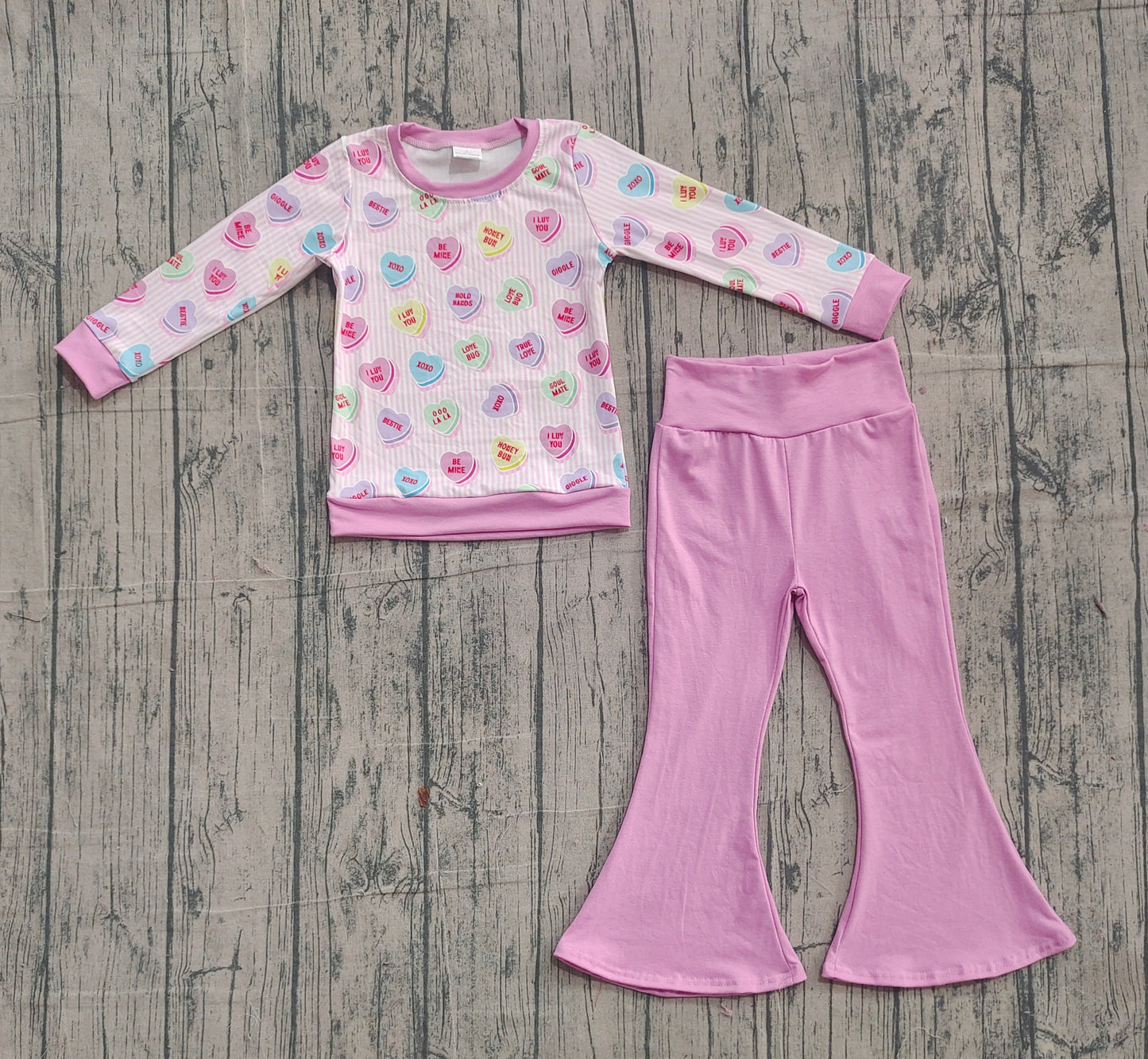 11.11 GLP2938 Sample No Moq Baby Girls Pink Stripe Colorful Hearts Top Bell Bottom Pants Valentine Clothes Sets