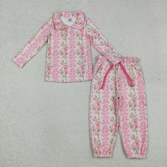 12.8 RTS NO MOQ （In stock）GLP2940 Baby Girls Pink Flowers Stripe Pockets Zipper Pullovers Jogger Yoga Active Clothes Set