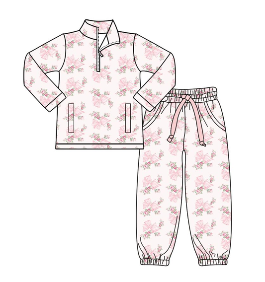 10.1 GLP2941 Pre order No Moq Yoga fabric Baby Girls Pink Bows Flowers Pockets Zipper Pullovers Jogger Pants Yoga Clothes Set