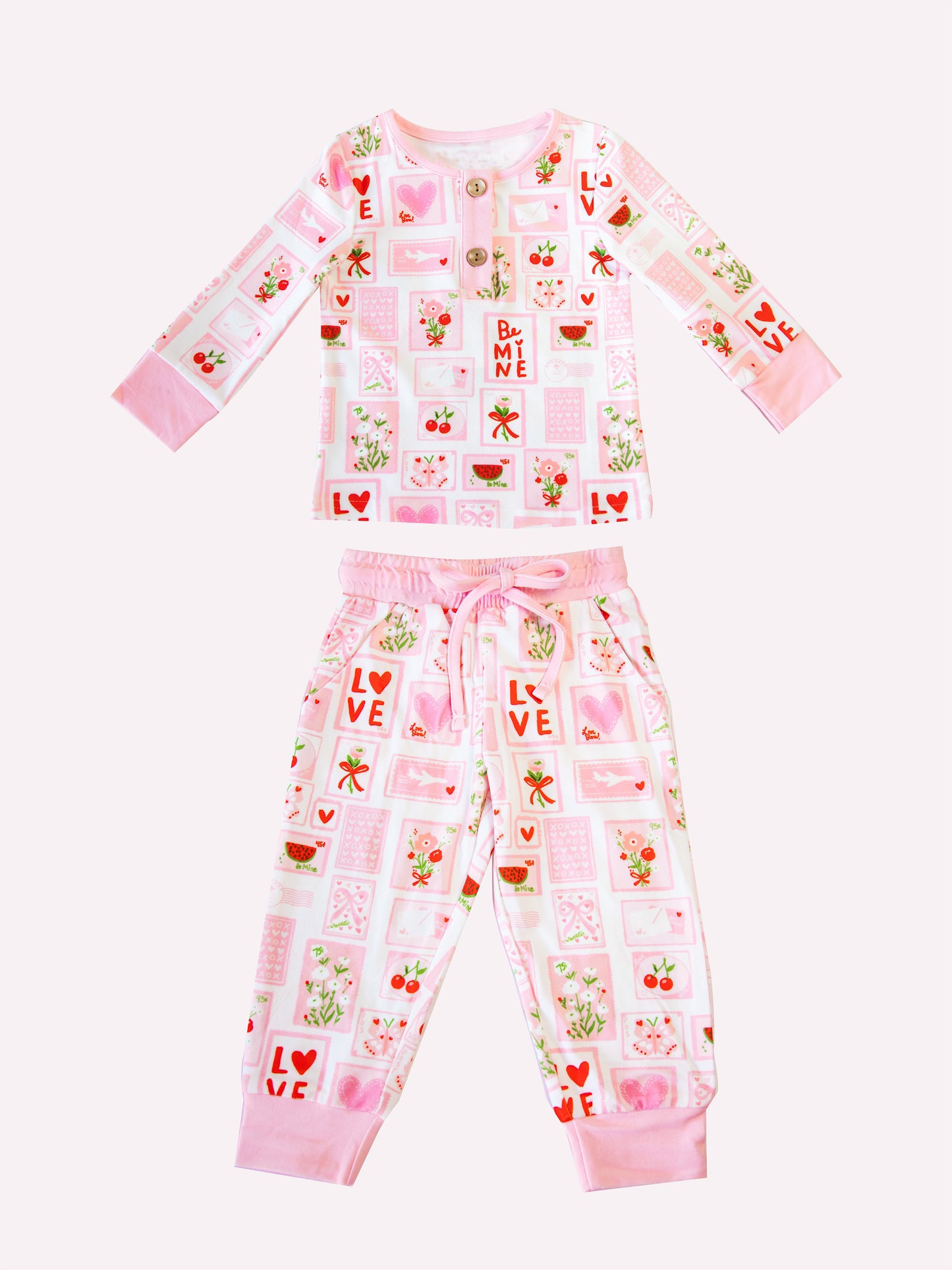 10.2 GLP2946 Pre order No Moq Baby Girls Pink Flowers Hearts Button Top Pockets Pants Valentine Clothes Sets