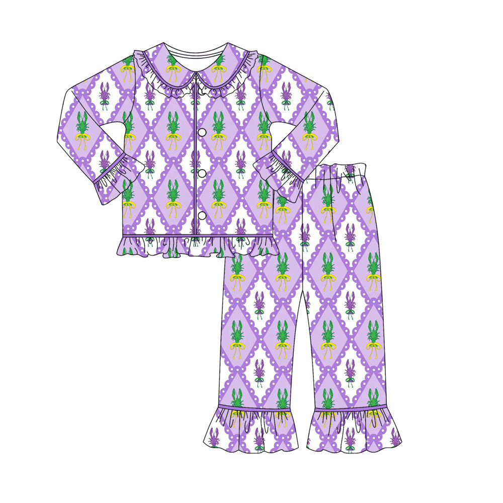 10.2 GLP2947 Pre order No Moq Baby Girls Purple Checked Crayfishes Button Top Ruffle Pants Maedigras Pajamas Sets