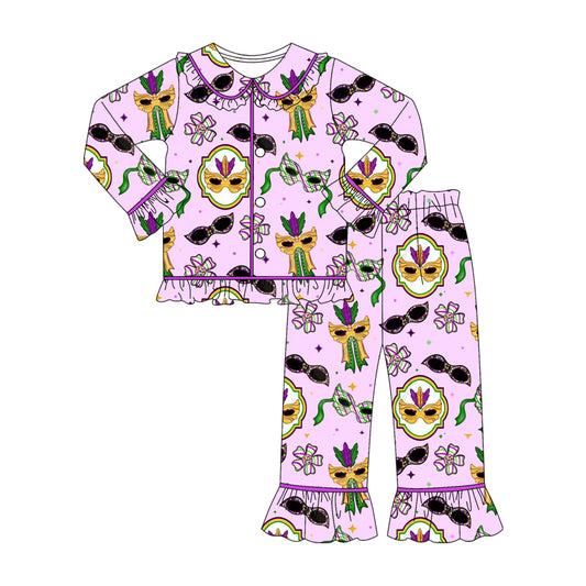 10.3 GLP2949 Pre order No Moq Baby Girls Flowers Anchors Masks Button Top Ruffle Pants Maedigras Pajamas Sets