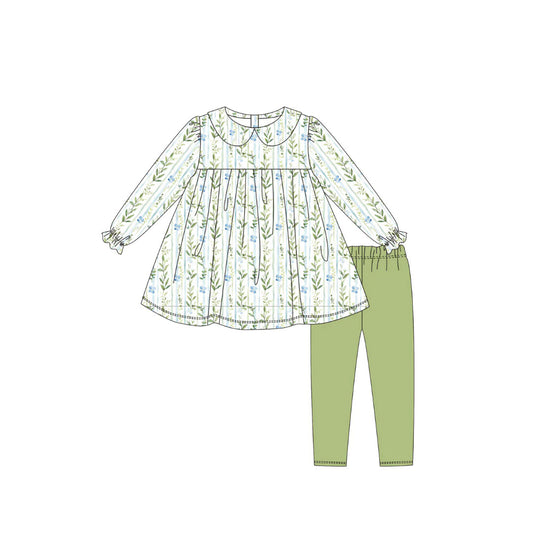 10.3 GLP2952 Pre order No Moq Baby Girls Green Blue Flowers Stripe Tunic Legging Pants Clothes Sets