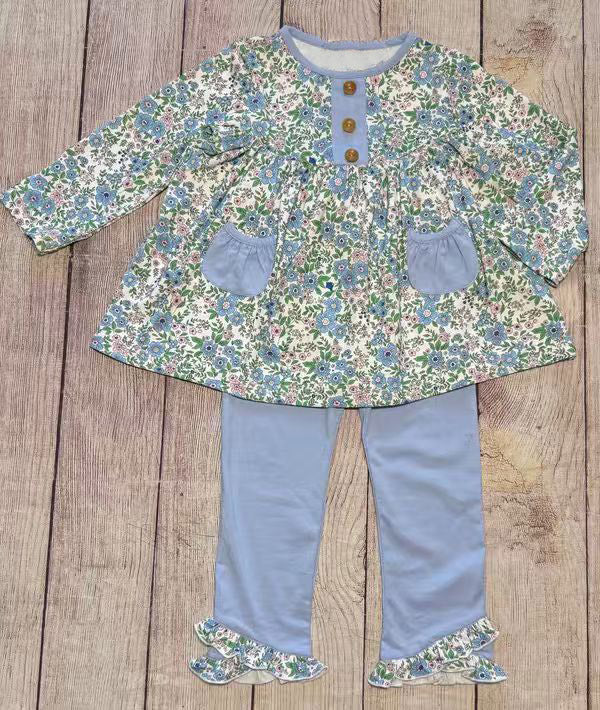 10.3 GLP2953 Pre order No Moq Baby Girls Pink Blue Floral Button Pockets Tunic Ruffle Leggings Clothes Sets