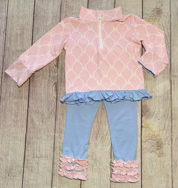 10.3 GLP2954 Pre order No Moq Baby Girls Pink Bows Checked Zipper Pullovers Ruffle Leggings Clothes Sets