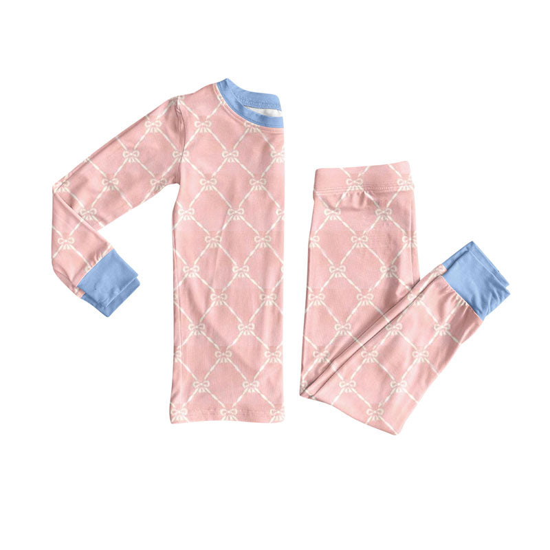 10.3 GLP2956 Pre order No Moq Baby Girls Pink Bows Checked Top Pants Pajamas Sets