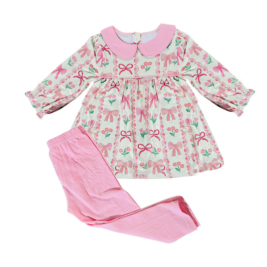 10.4 GLP2957 Pre order No Moq Baby Girls Pink Bows Flowers Stripe Tunic Leggings Clothes Sets