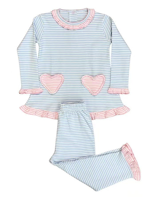 10.4 GLP2958 Pre order No Moq Baby Girls Blue Stripe Hearts Tunic Ruffle Pants Clothes Sets