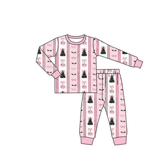 10.4 GLP2961 Pre order No Moq Baby Girls Pink Bows Trees Holly Top Pants Christmas Pajamas Sets