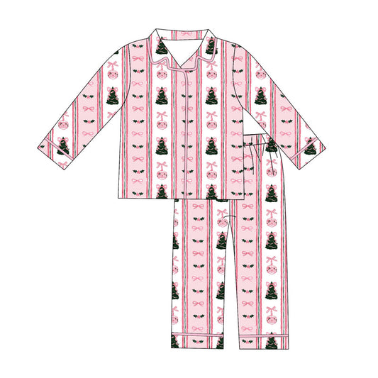 10.4 GLP2962 Pre order No Moq Adult Women Pink Bows Trees Holly Button Top Pants Christmas Pajamas Sets
