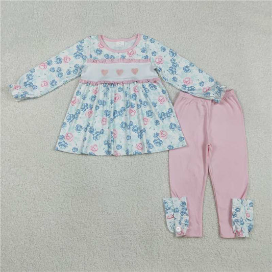 11.29 RTS NO MOQ （In stock）GLP2975 Embroidery Hearts Baby Girls Flowers Tunic Leggings Valentines Clothes Sets