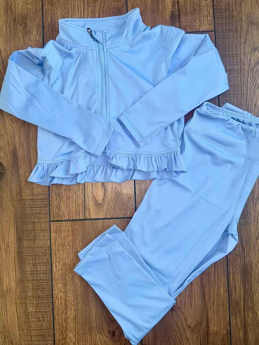 10.10 GLP2977 Pre order No Moq Yoga fabric Baby Girls Blue Long Sleeve Zipper Jacket Leggings Yoga Clothes Sets