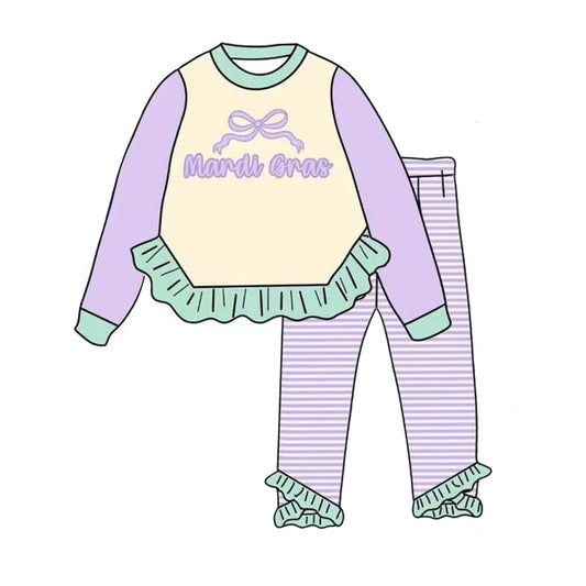 10.11 GLP2978 Pre order No Moq Baby Girls Lavender Mardigras Bows Ruffle Top Stripe Leggings Clothes Sets