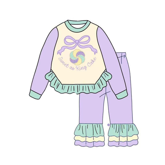 10.11 GLP2979 Pre order No Moq Baby Girls Lavender Mardigras Donuts Bows Top Ruffle Pants Clothes Sets
