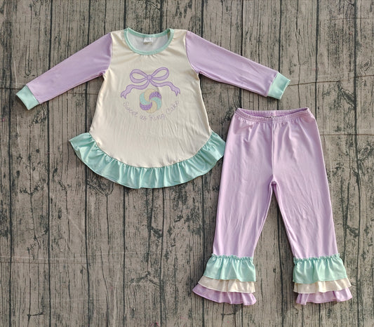 11.26 GLP2979 Sample No Moq Baby Girls Lavender Mardigras Donuts Bows Top Ruffle Pants Clothes Sets