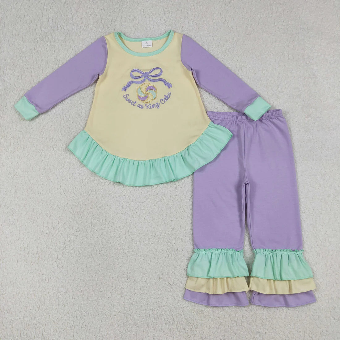 1.8 RTS Sibling Baby Girls Embroidery Sweet as King Cake Ruffle Pants Mardigras Set Rompers