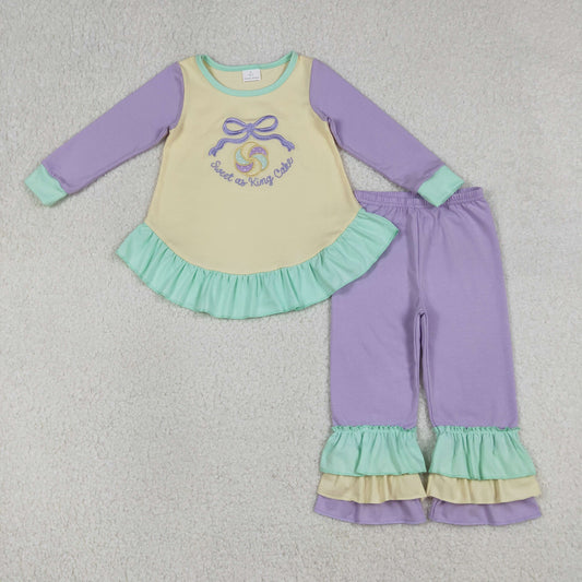1.8 RTS NO MOQ （In stock）GLP2979 Embroidery Sweet as King Cake Donuts Baby Girls Mardigras Ruffle Pants Clothes Sets