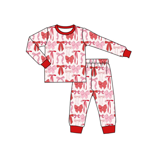 10.13 GLP2983 Pre order No Moq Baby Girls Red Pink Bows Plaid Top Pant Valentine Pajamas Sets