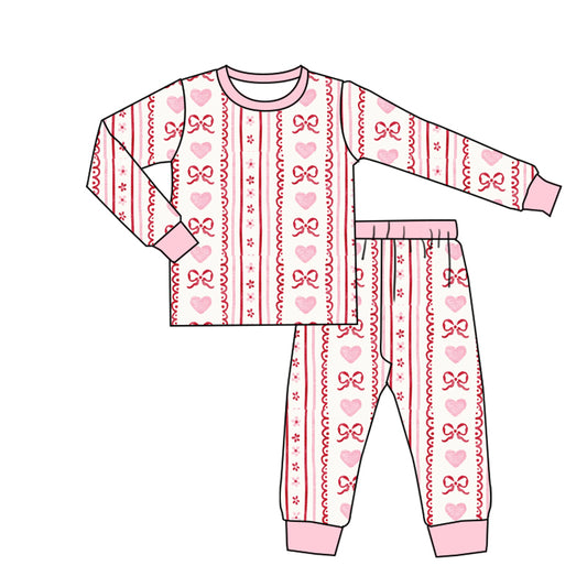 10.13 GLP2984 Pre order No Moq Baby Girls Pink Bows Hearts Stripe Top Pant Valentine Pajamas Sets