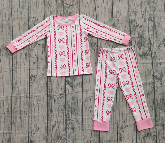 10.20 GLP2984 Sample No Moq Baby Girls Pink Bows Hearts Stripe Top Pant Valentine Pajamas Sets