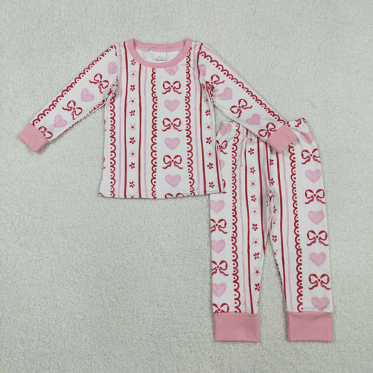 11.7 RTS NO MOQ （In stock）GLP2984 Baby Girls Pink Bows Hearts Stripe Top Pant Valentine Pajamas Sets