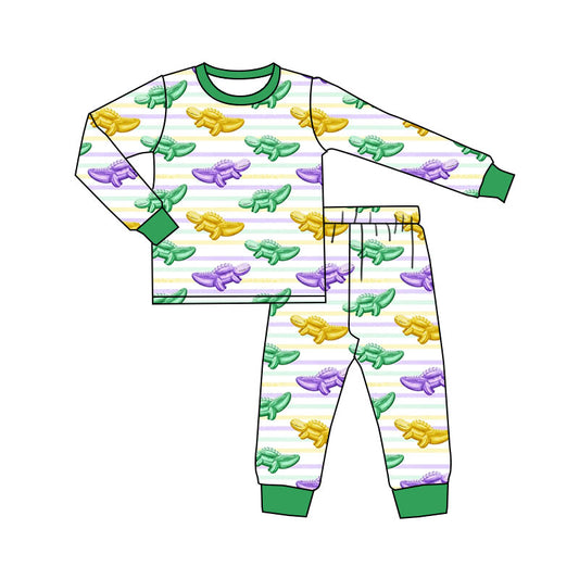 10.13 GLP2985 Pre order No Moq Baby Girls Mardigras Stripe Crocodiles Top Pant Pajamas Sets