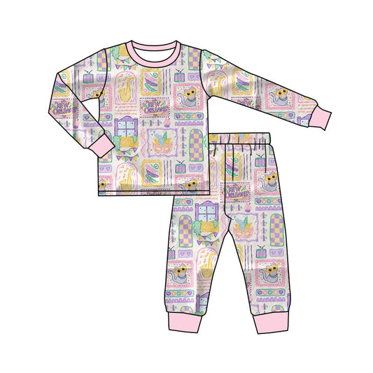 10.13 GLP2986 Pre order No Moq Baby Girls Mardigras Anchors Masks Checked Top Pant Pajamas Sets