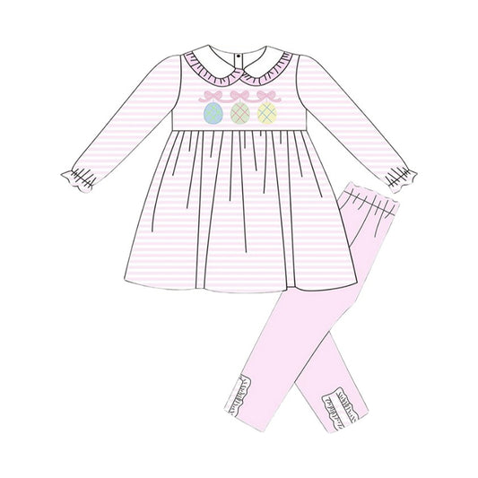 10.14 GLP2989 Pre order No Moq Baby Girls Pink Stripe Bows Eggs Collar Tunic Leggings Easter Clothes Sets