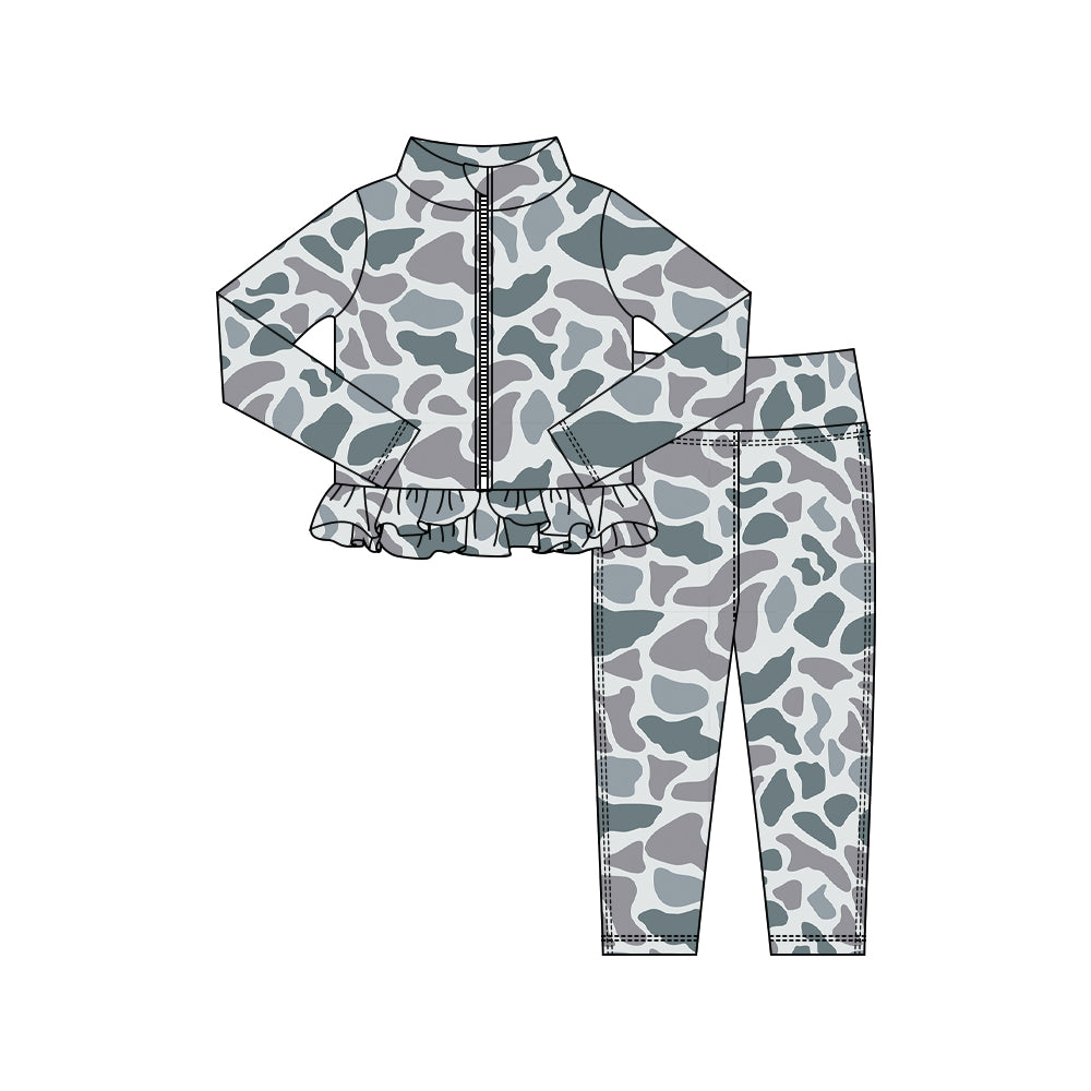 10.16 GLP2993 Pre order No Moq Yoga fabric Baby Girls Grey Camo Zipper Jackets Ruffle Top Leggings Yoga Clothes Sets