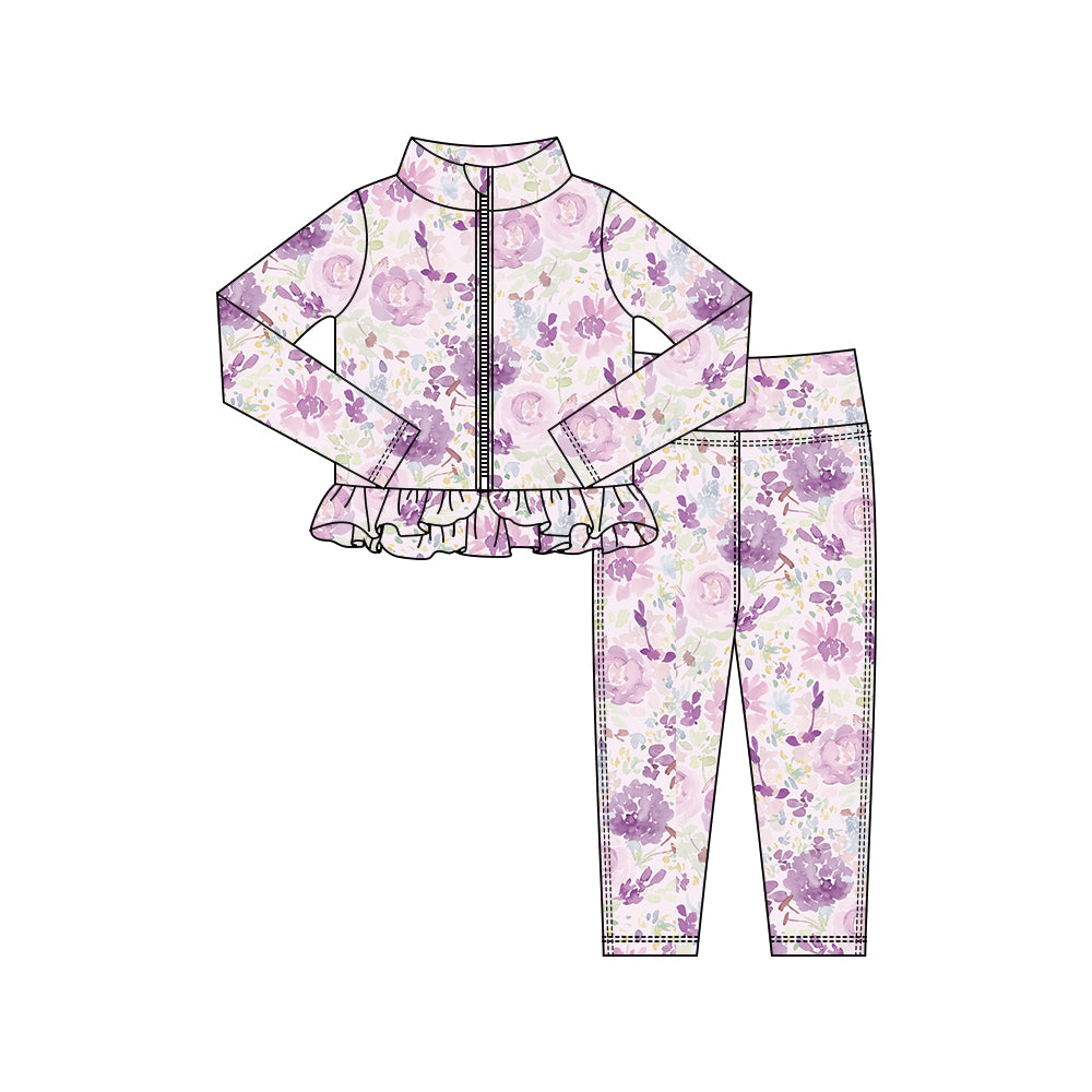 10.16 GLP2998 Pre order No Moq Yoga fabric Baby Girls Lavender Flowers Zipper Jackets Ruffle Top Leggings Yoga Clothes Sets