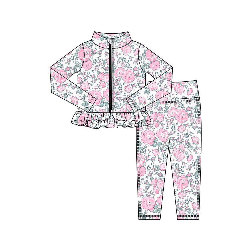 10.16 GLP2999 Pre order No Moq Yoga fabric Baby Girls Pink Flowers Zipper Jackets Ruffle Top Leggings Yoga Clothes Sets