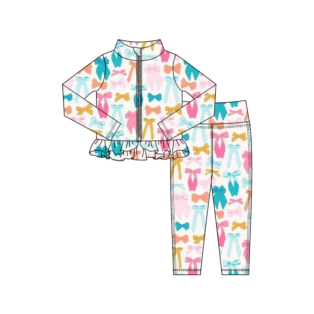 10.16 GLP3000 Pre order No Moq Yoga fabric Baby Girls Colorful Bows Plaid Zipper Jackets Ruffle Top Leggings Yoga Clothes Sets