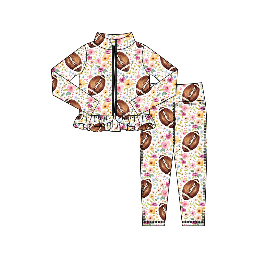 10.16 GLP3001 Pre order No Moq Yoga fabric Baby Girls Flowers Footballs Zipper Jackets Ruffle Top Leggings Yoga Clothes Sets